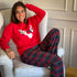 Women Winter Pajama Set Red deer Hoodie + Dark Blue x Red Checkered Pants